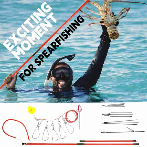 Man with lobster and 6Ft Fiberglass Travel Pole Spear Set With 3 Prong Paralyzer, Spearfishing Gear for snorkeling or diving.