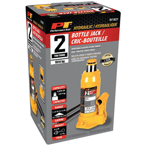 Box packaging for Heavy Duty 2-Ton Hydraulic Bottle Jack With 4,000 Lb Lift Capacity, Adjustable Top Screw, Includes Handle, Yellow.