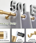 Telescoping One And One Eighth Inch Curtain Rod Set Beefy Heavy Duty Drapery Rod Extends From Twelve To Twenty Feet Adjustable Aluminum Alloy Brackets Solid End Caps Brushed Gold Finish Holds Fifty Plus Lbs Great For Windows Or Patio Decor image showing brushed gold rod, aluminum brackets, weight capacity, and dimensions.
