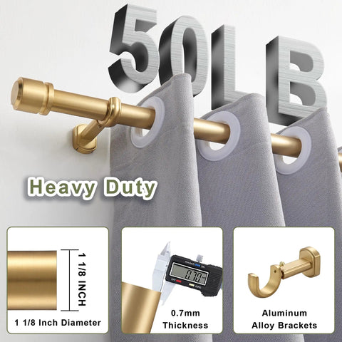 Telescoping One And One Eighth Inch Curtain Rod Set Beefy Heavy Duty Drapery Rod Extends From Twelve To Twenty Feet Adjustable Aluminum Alloy Brackets Solid End Caps Brushed Gold Finish Holds Fifty Plus Lbs Great For Windows Or Patio Decor image showing brushed gold rod, aluminum brackets, weight capacity, and dimensions.