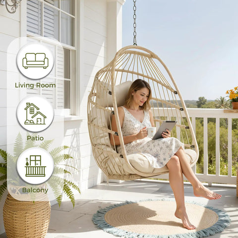 All-Weather Hanging Egg Chair No Stand With 350 Lb Capacity, Durable Wicker Hammock Seat With Cushions on a balcony