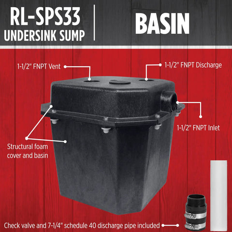One Third HP 115 Volt Under Sink Sump Pump System features structural foam basin with 1-1/2 inch FNPT vent, inlet, and discharge