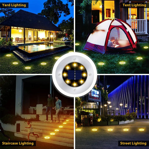 12 Pack 8 LED Solar Garden Lights Outdoor Waterproof IP65 Disk Landscape Pathway Yard Deck Walkway Warm White Rechargeable