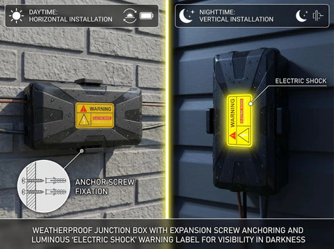 Weatherproof outdoor electrical box with IP54 protection six cable entry ports protective outlet cover for power strips and holiday lights.