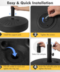 Instruction steps for installing Beefy Fillable Umbrella Base Stand, 80 lb heavy duty HDPE weighted support for outdoor use.