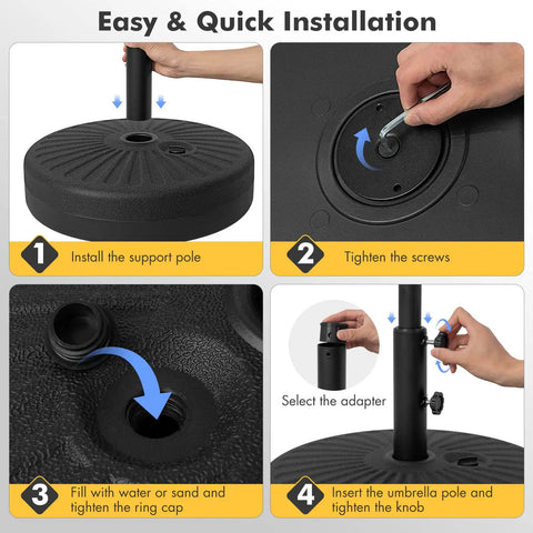 Instruction steps for installing Beefy Fillable Umbrella Base Stand, 80 lb heavy duty HDPE weighted support for outdoor use.