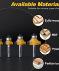 Four Piece Roundover Router Bit Set With One Quarter Inch Shank Durable Carbide Inserts for woodworking edge rounding, shown with wood types.