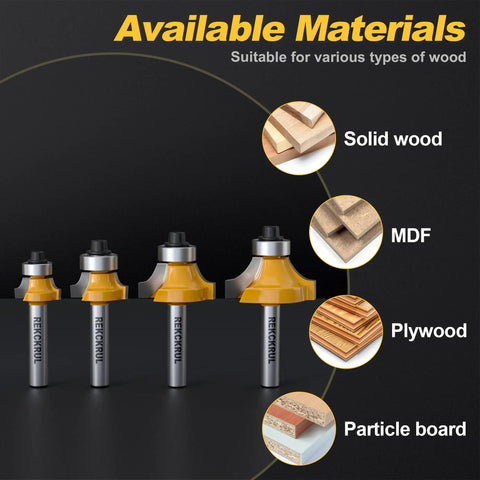 Four Piece Roundover Router Bit Set With One Quarter Inch Shank Durable Carbide Inserts for woodworking edge rounding, shown with wood types.