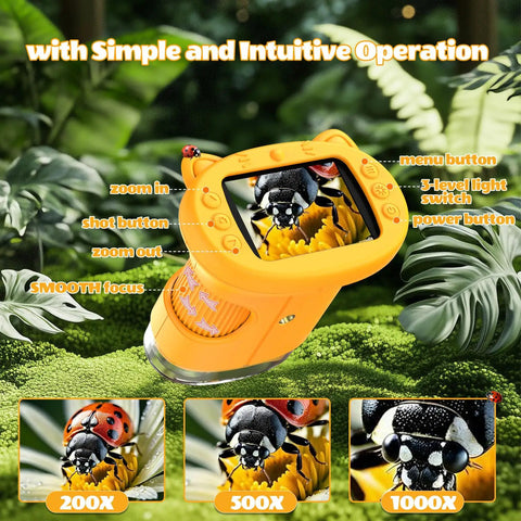 Ultimate Pocket Microscope For Kids With 1000X Zoom, 2.4 Inch HD Screen, in use showing detailed insect image on display