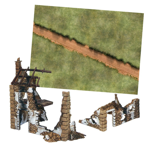 World War II 28mm Tabletop Battle Game Starter Set terrain with plastic ruins and gaming mat for two or more players.