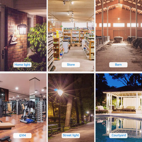 Collage of lighting in various settings: home entrance, store aisle, barn interior, gym, park street light, courtyard at night.