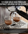 Compact Espresso Machine With 20 Bar Pump and Manual Steam Milk Frother for Classic Lattes and Iced Coffee with Bright LCD Panel extracting espresso.