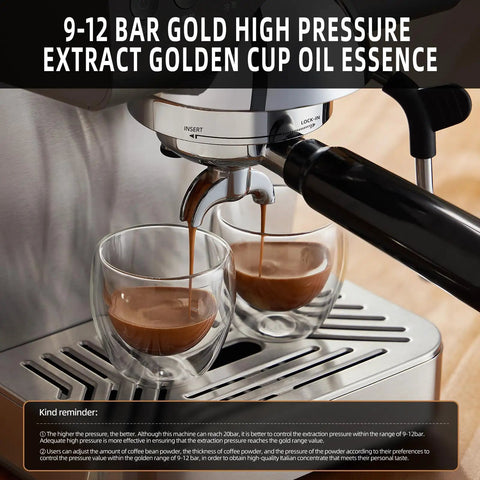 Compact Espresso Machine With 20 Bar Pump and Manual Steam Milk Frother for Classic Lattes and Iced Coffee with Bright LCD Panel extracting espresso.