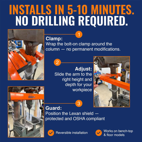 Large Drill Press Safety Guard For Heavy Duty Floor Models, Top Shelf Workshop Shield Fits Four To Six Point Five Inch Columns, Osha Approved Industrial Machine Protector, Dead Simple Bolt On Install Without Modifying Your Rig