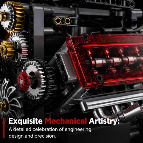 Mechanical V8 Engine Model Kit With Transparent Display 478 Pieces Realistic Piston And Crankshaft Motion Totally Hands On STEM Project Collectible Desk Decor, close-up red clear engine detail