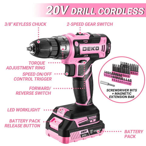 20V Cordless Drill Kit With Driver And Tool Box Battery Included For DIY Projects Home Renovations And Quick Fixes, pink design