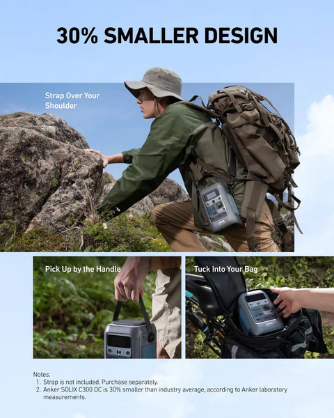 Hiker carrying C300 DC Portable Power Station 288Wh LiFePO4 Battery 300W Solar Generator for camping and travel.