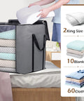 Person placing pillow into Ultra Roomy 120L Breathable Blanket Storage Bag For King Comforters Bedding And Pillows, gray tote on bed