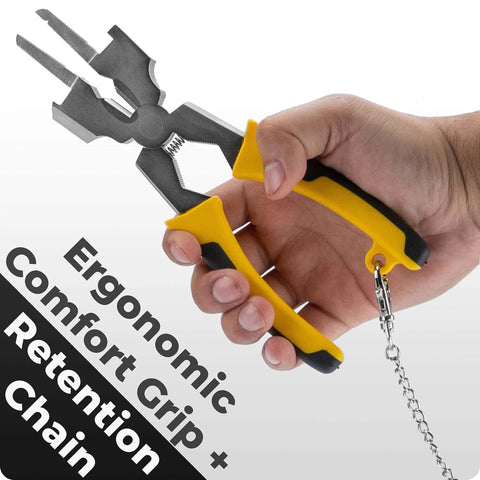 Versatile all-in-one welding pliers kit with slag hammer, scraper, flat face hammer, ergonomic grip, and retention chain