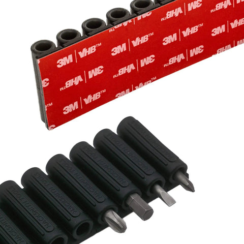 Heavy Duty Drill And Impact Driver Bit Holder With Silicone Bandolier And 3M Adhesive Universal Pro Grade Quick Change Bit Organizer For Fast Access 10 Slot Drill Accessories showing close-up of silicone slots and 3M VHB tape.