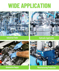 Racewill 10-pack hydraulic hose adapters collage; four-panel industrial, hydraulic, automotive repair, manufacturing.