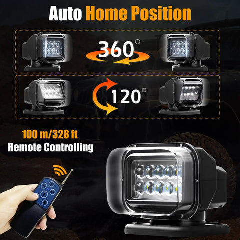 Remote Spotlight For Trucks With 360 Degree Rotation 50W LED Marine Search Light Auto Reset Magnetic Mount 12V 24V Ready Black Off Road Light For Hunting Camping Rescue And Outdoor Adventures featured with remote control