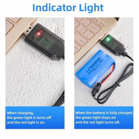 Universal RC Battery Charger Cable With SM 2 Pin Plug For 7.4V 2S LiPo Batteries showing indicator light status during charging