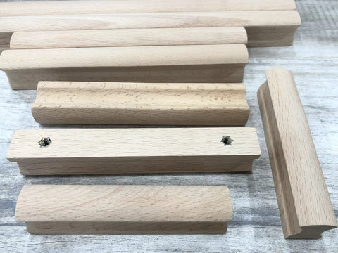 Six Unfinished Beech Wood Furniture Pull Handles Set For Cabinets And Drawers, Unpainted Paintable Wooden Pulls, 5.12 Inch Length