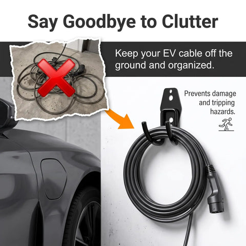 Heavy Duty EV Charger Wall Mount Cuts The Clutter And Secures Charging Cables For Totally Hassle Free Indoor Or Garage Storage Setup Iron J Hook Holder displaying a neatly organized EV cable on a wall hook.
