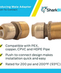 Push To Connect Brass Reducing Adapter 1/2 In X 3/4 In MNPT Fitting displayed with PEX compatibility and features