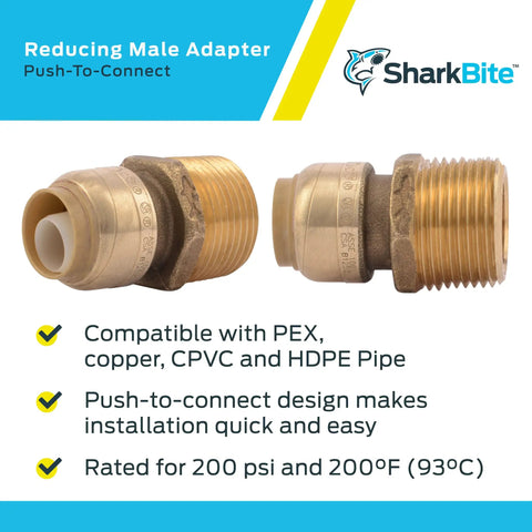 Push To Connect Brass Reducing Adapter 1/2 In X 3/4 In MNPT Fitting displayed with PEX compatibility and features
