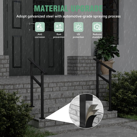 2 Pack Rock Solid Outdoor Step Handrails For Stairs, Adjustable Heavy Duty Steel Porch Railing With Super Grippy Non Slip Handle, Dang Safe For Seniors And Backyard Decks, No Fuss Install Black showcasing galvanized steel material.