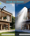 60W Solar Street Light Outdoor With 6000 Lumens LED Flood Brightness illuminating house from dusk to dawn