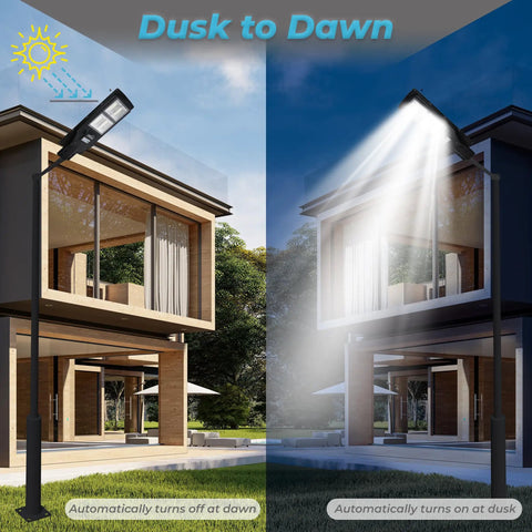 60W Solar Street Light Outdoor With 6000 Lumens LED Flood Brightness illuminating house from dusk to dawn