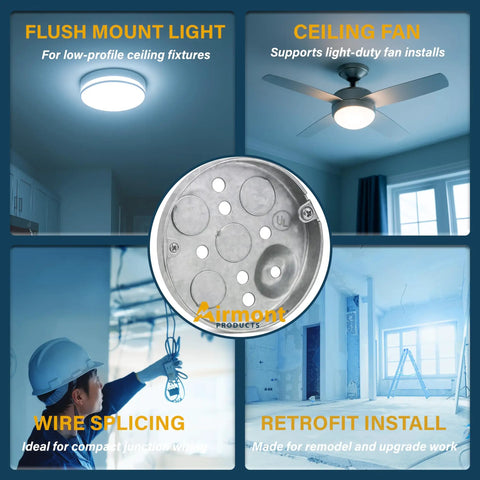 Two Pack Heavy Duty 4 Inch Round Shallow Electrical Box UL Listed Half Inch Deep Metal Ceiling Pancake Junction Box For Outlets Ceiling Lights Fixtures And Wiring 6 Cu In Capacity shown with applications like ceiling fan, flush mount light, wire splicing, and retrofit install.