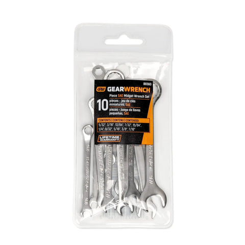 Ten Piece SAE Midget Wrench Set With 12 Point Box End And 6 Point Box End, Alloy Steel Construction, Includes 5/32, 3/16, And 13/64 Inch Sizes