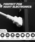 10 Foot 3 Prong Computer Power Cord C13 To NEMA 5-15P IEC 320 White plugged into electronic device