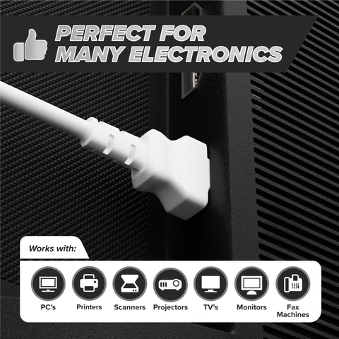 10 Foot 3 Prong Computer Power Cord C13 To NEMA 5-15P IEC 320 White plugged into electronic device