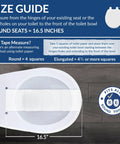 Round White Toilet Seat With Brushed Nickel Hinges Slow Close Wood Seat Easy Install Made In USA size guide illustration