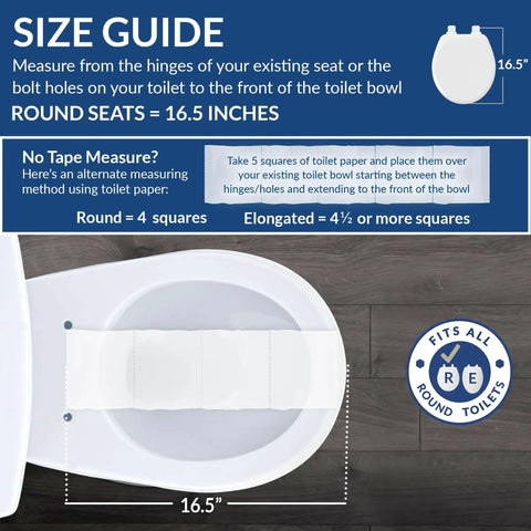 Size guide for 16.5-inch round toilets with toilet paper measurement, suitable for Soft Close Toilet Seat With Easy Clean Hinges