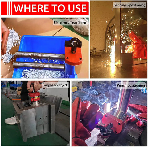 Composite image showing Heavy Duty Welding Magnet Square Clamp Holder with On Off Switch 700 lbs performing filtration, carrying, and welding tasks.