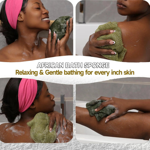 Authentic African Net Sponge 2 Pack Exfoliating Bath And Shower Loofah Sponge, olive green, used on arm and back