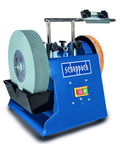 Heavy Duty Wet Bench Grinder With Water Cooled 250 Mm Corundum Whetstone And Leather Honing Wheel Engineered For Quick Blade Sharpening And Shop Ready Work, featuring corundum wheel and leather pad.