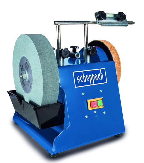 Heavy Duty Wet Bench Grinder With Water Cooled 250 Mm Corundum Whetstone And Leather Honing Wheel Engineered For Quick Blade Sharpening And Shop Ready Work, featuring corundum wheel and leather pad.