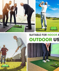 Indoor Outdoor Dual Turf Golf Hitting Mat With Swing Path Feedback Pro Grade in use for driving and chipping in various settings
