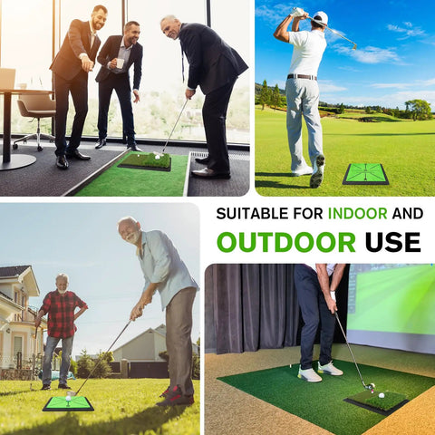 Indoor Outdoor Dual Turf Golf Hitting Mat With Swing Path Feedback Pro Grade in use for driving and chipping in various settings