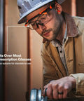 Professional Over The Glasses Safety Glasses With Clear Lens And Anti Fog Scratch Resistant Coating Ansi Z87 Plus Csa Z94 Certified worn by a worker fitting over prescription glasses.