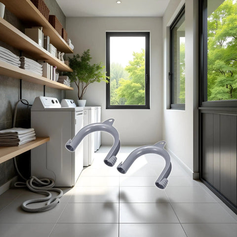 Two Pack Gray U Shape Drain Hose Holders For Washing Machines And Dishwashers Durable Plastic in a laundry room