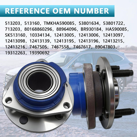 Swap Ready Front Wheel Hub Bearing Assembly 513203 for Buick, Chevrolet, Pontiac cars, side view with OEM numbers.
