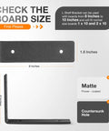 Diagram of Heavy Duty 8 Inch L Shelf Brackets Pack Of 6 Black, dimensions and features like matte finish and countersunk holes.